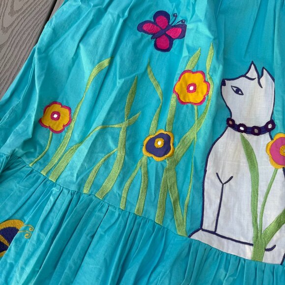 Vintage 70s Ramona Rull Dress, Cat Graphic Flowers MuMu One Size Blue - Picture 2 of 10